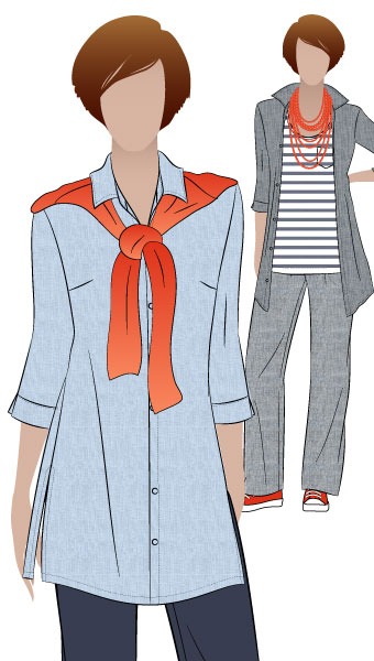 Sacha Shirt By Style Arc - Stylish long line over shirt with ¾ length sleeves