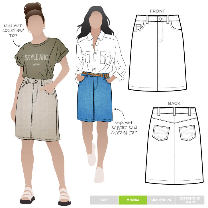 Sally Jean Skirt Sewing Pattern By Style Arc - Great knee length jean/denim skirt