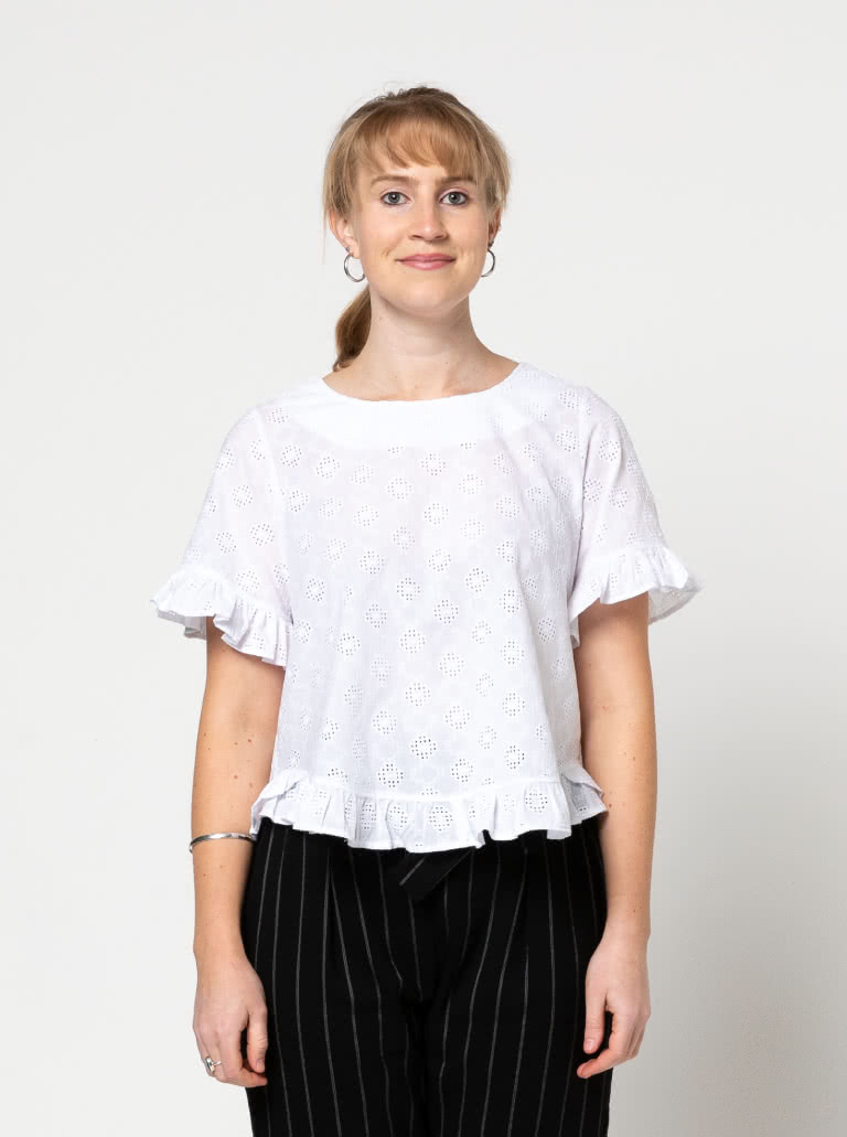 Selina Woven Top By Style Arc - Slip on "A" line easy fit top featuring sleeve and hem frills.