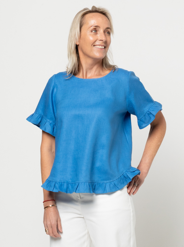 Selina Woven Top By Style Arc - Slip on "A" line easy fit top featuring sleeve and hem frills.