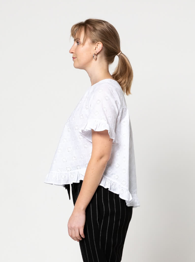 Selina Woven Top By Style Arc - Slip on "A" line easy fit top featuring sleeve and hem frills.