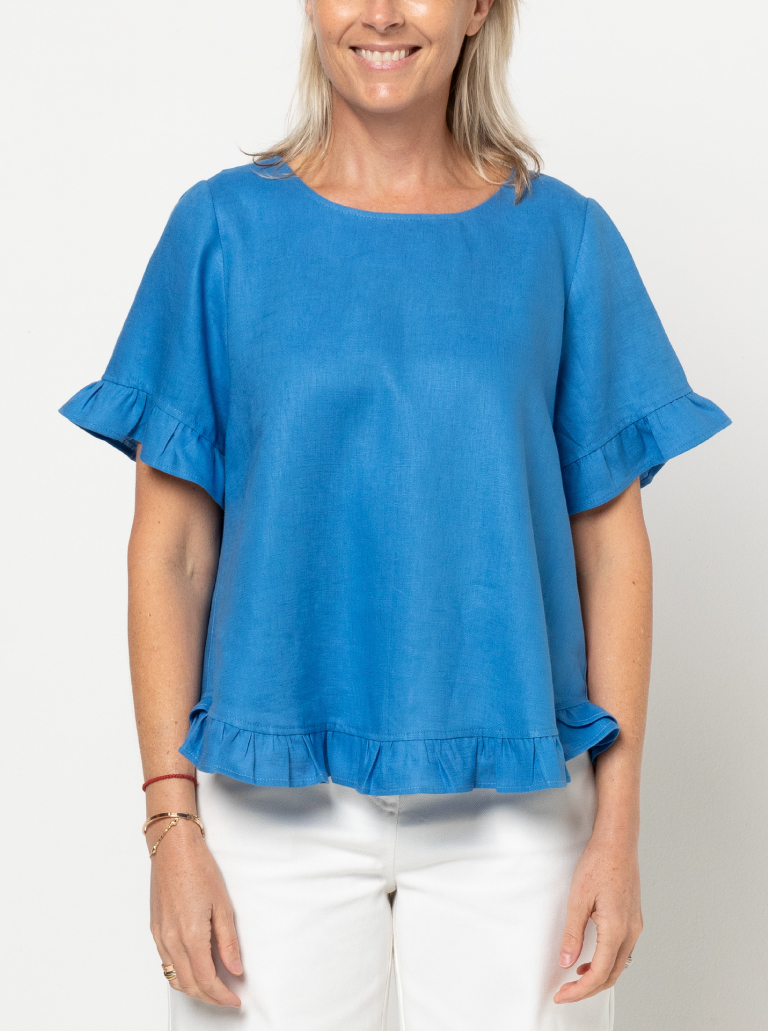 Selina Woven Top By Style Arc - Slip on "A" line easy fit top featuring sleeve and hem frills.