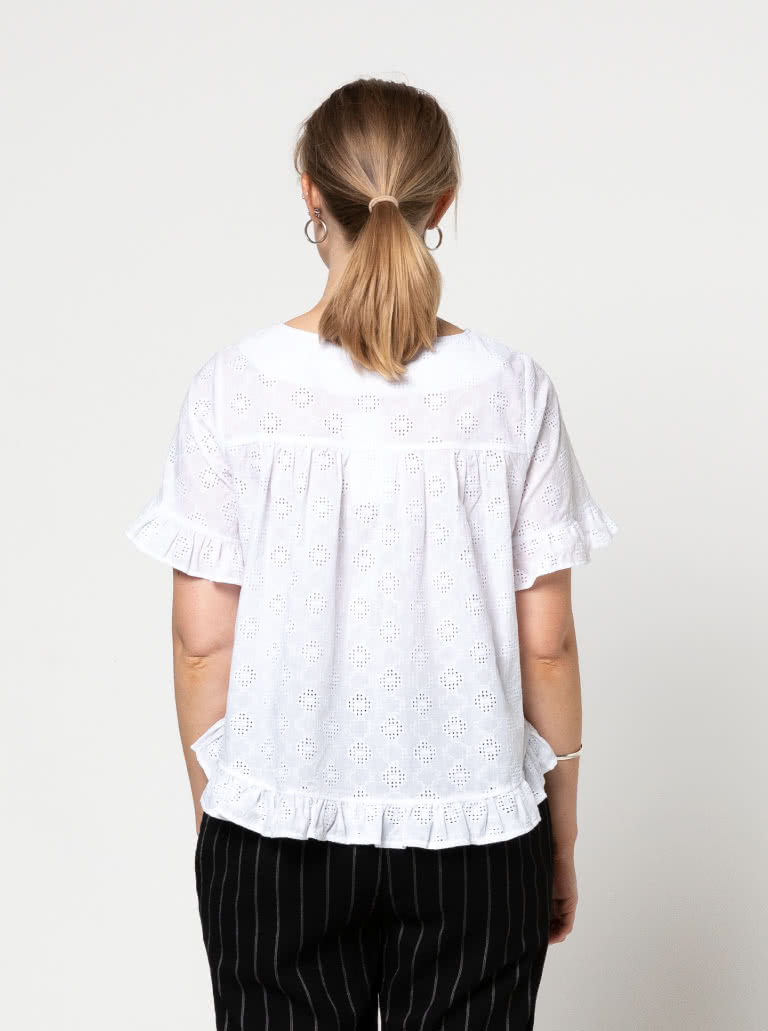 Selina Woven Top By Style Arc - Slip on "A" line easy fit top featuring sleeve and hem frills.