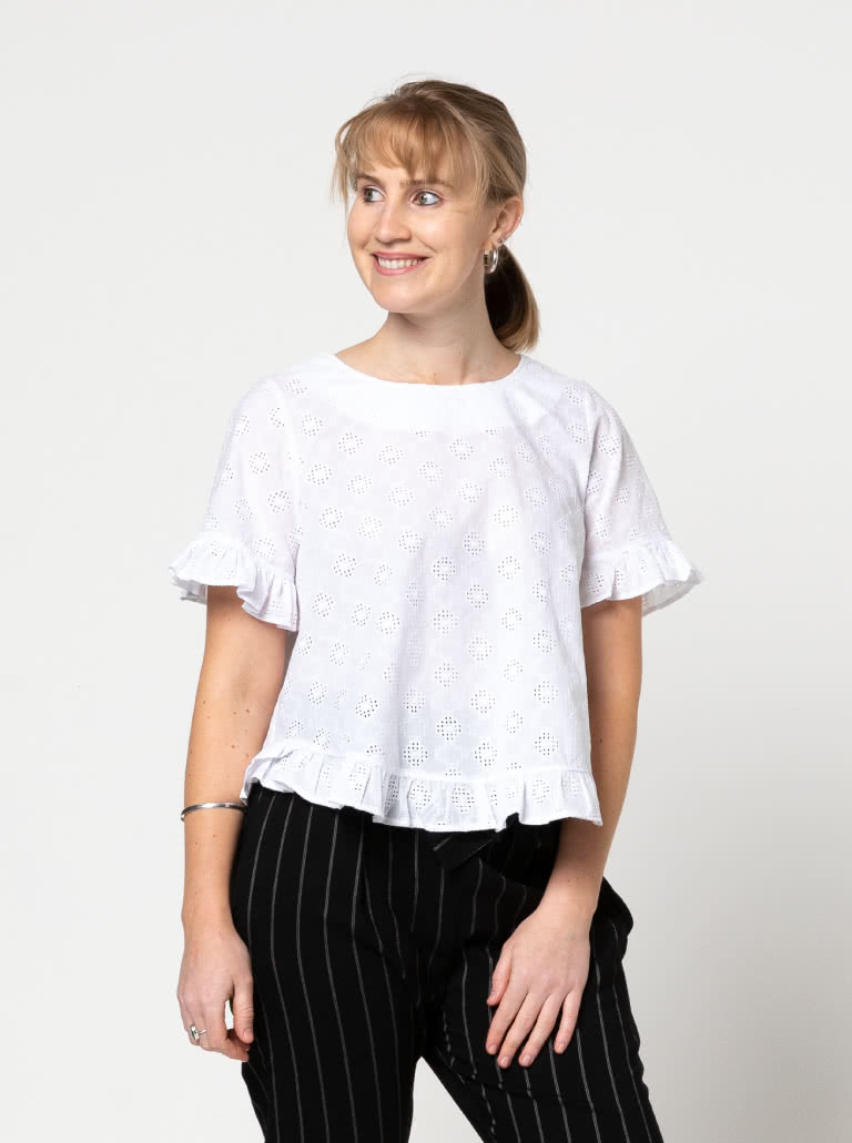 Selina Woven Top By Style Arc - Slip on "A" line easy fit top featuring sleeve and hem frills.