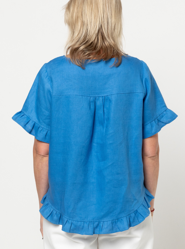 Selina Woven Top By Style Arc - Slip on "A" line easy fit top featuring sleeve and hem frills.