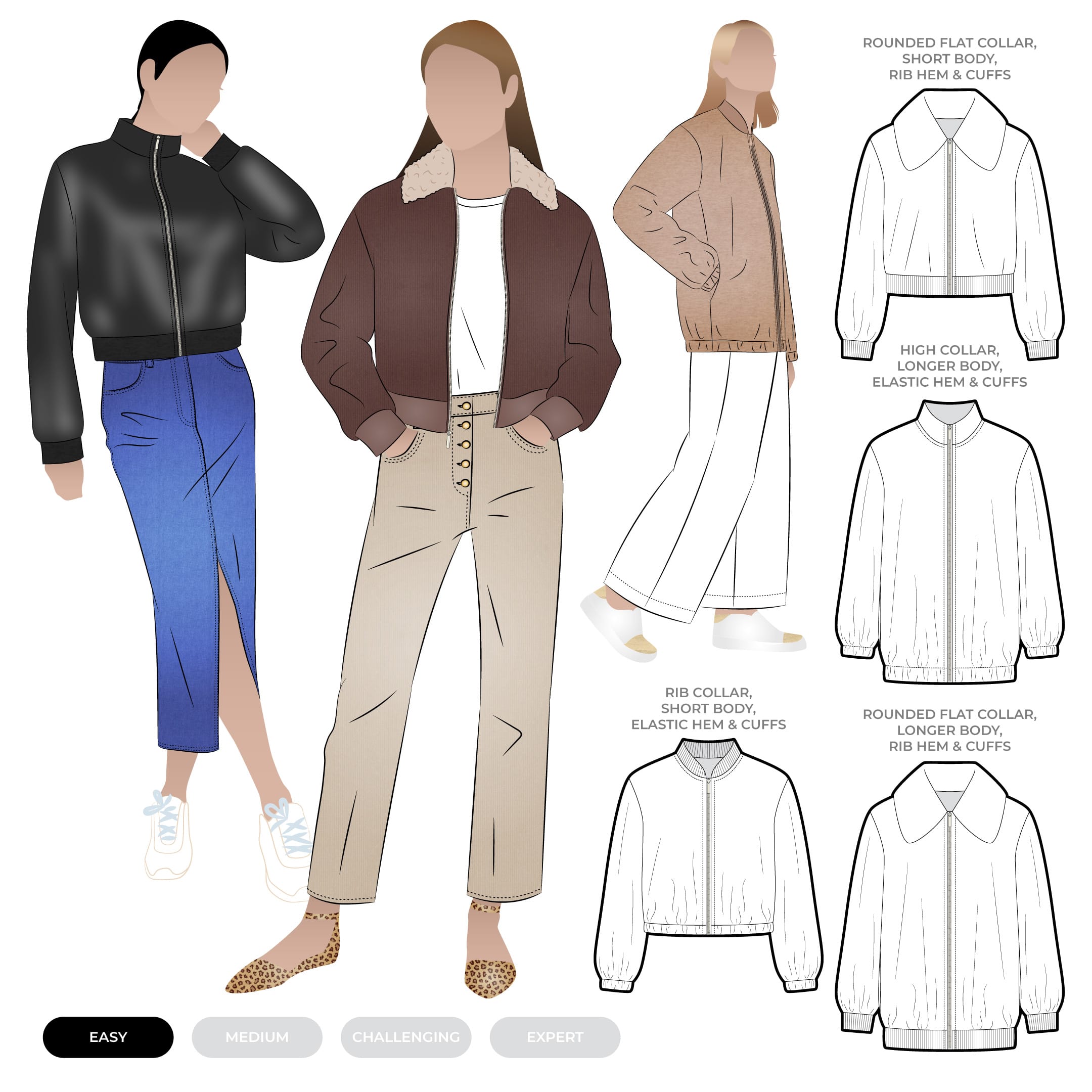 Sid Bomber Jacket by Style Arc - An unlined bomber jacket with two length and three collar options