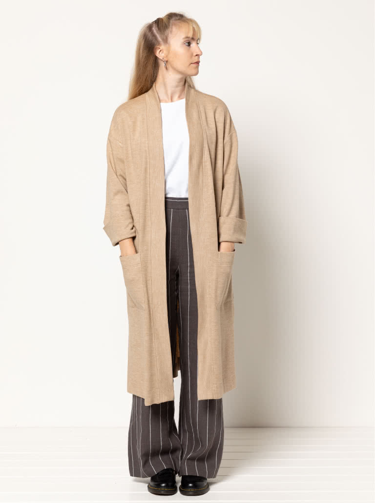 Sigrid Knit Coat By Style Arc - Longline coat with patch pockets, full length sleeves.