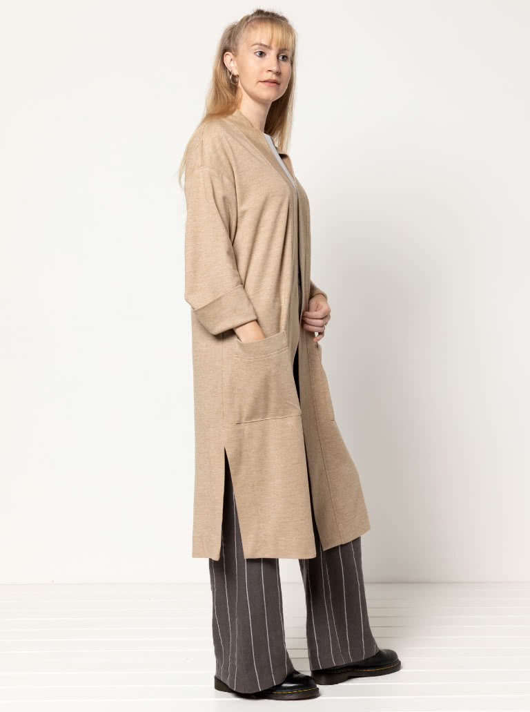 Sigrid Knit Coat By Style Arc - Longline coat with patch pockets, full length sleeves.