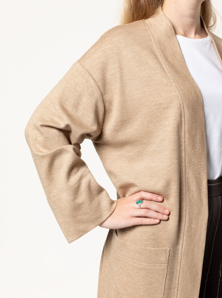 Sigrid Knit Coat By Style Arc - Longline coat with patch pockets, full length sleeves.