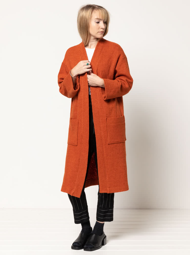 Sigrid Knit Coat By Style Arc - Longline coat with patch pockets, full length sleeves.