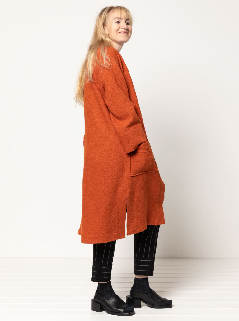 Sigrid Knit Coat By Style Arc - Longline coat with patch pockets, full length sleeves.