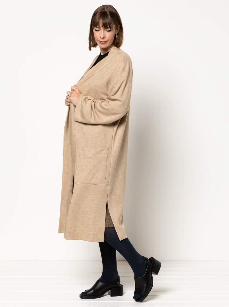 Sigrid Knit Coat By Style Arc - Longline coat with patch pockets, full length sleeves.