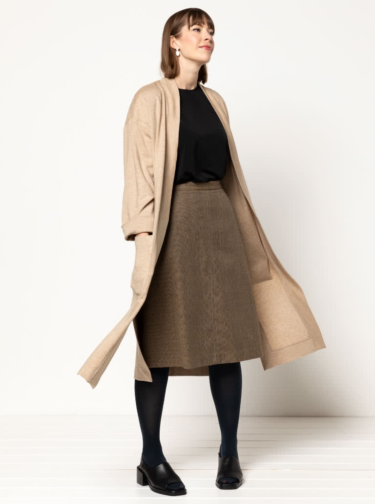 Sigrid Knit Coat By Style Arc - Longline coat with patch pockets, full length sleeves.