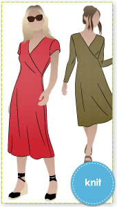 Slip-On Suzie Sewing Pattern By Style Arc - Jersey faux wrap dress with cap and long sleeves
