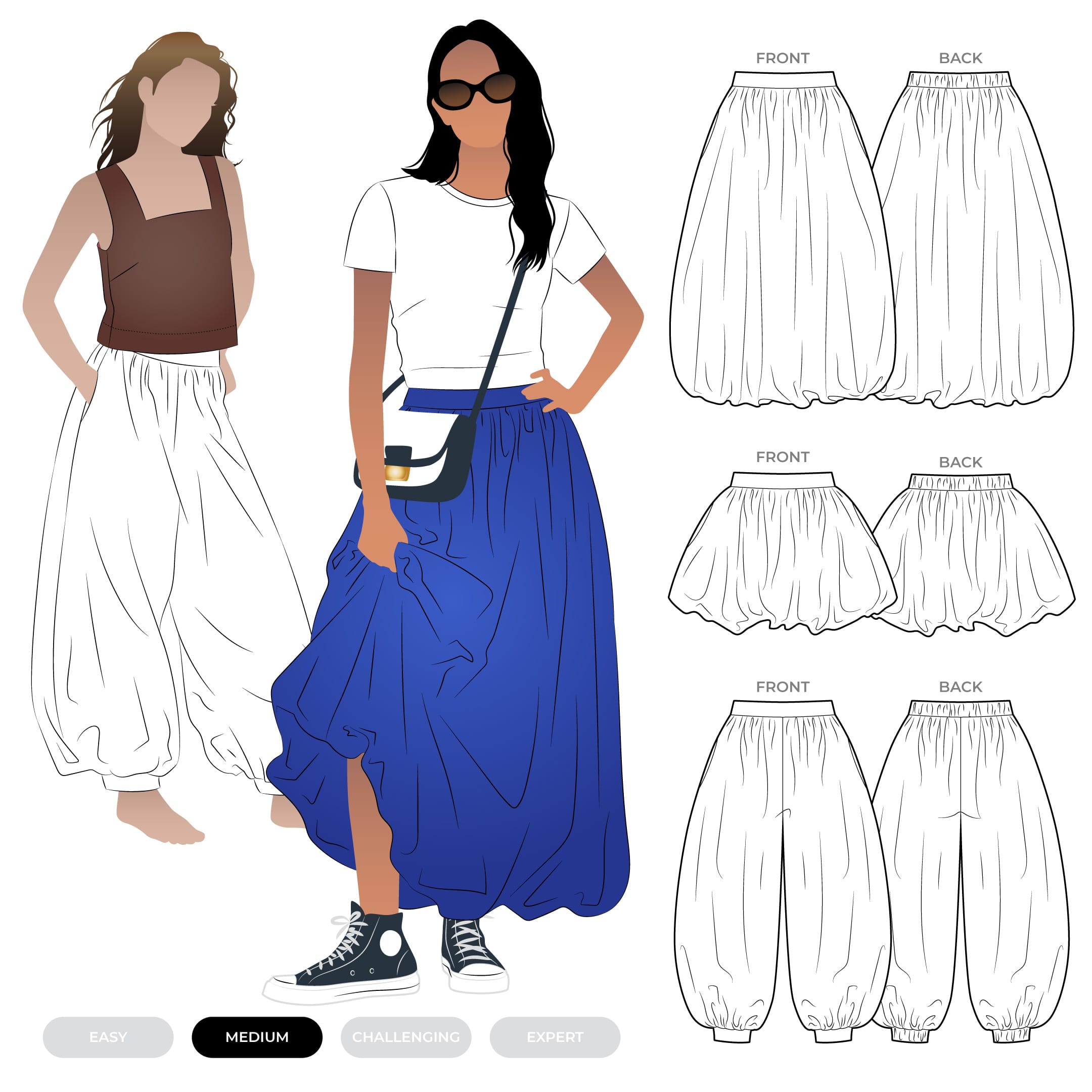 Sophia Woven Bubble Skirt and Pant by Style Arc - Maxi and mini length bubble skirt, and genie pants
