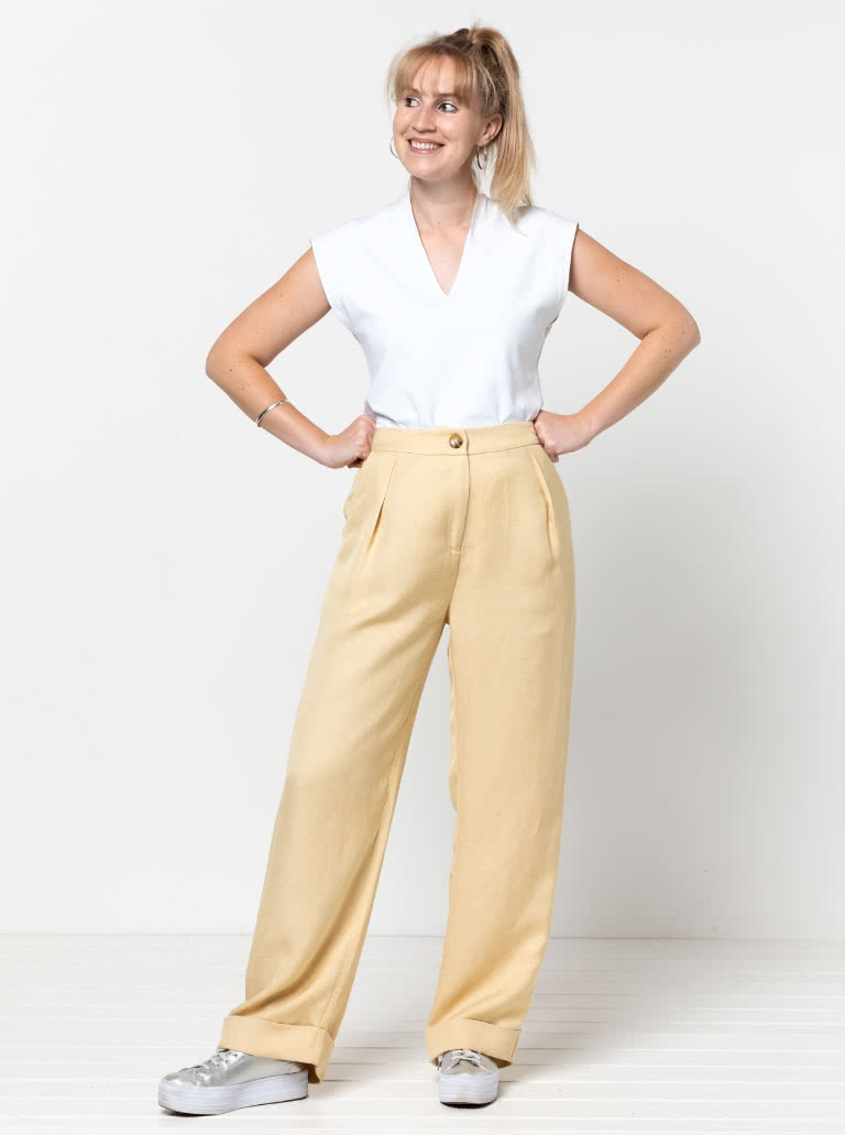 Spencer Woven Pant By Style Arc - Classic wide leg cuffed pant with a shaped waistband, fly zip and pockets.