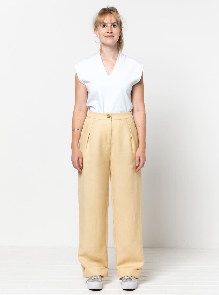 Spencer Woven Pant By Style Arc - Classic wide leg cuffed pant with a shaped waistband, fly zip and pockets.
