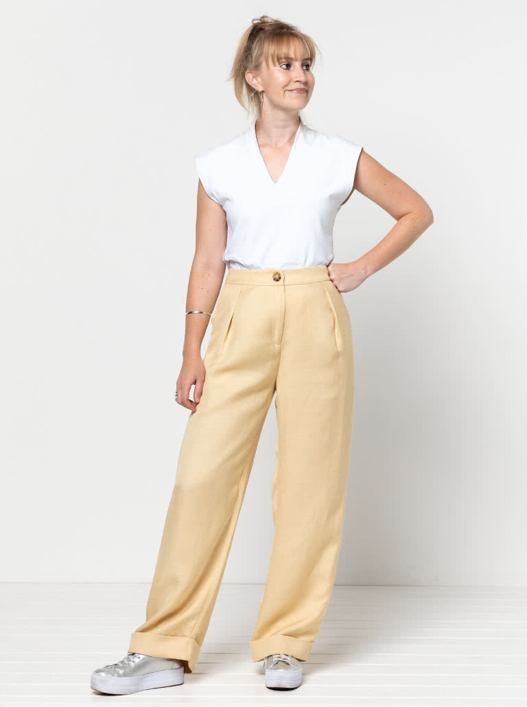 Spencer Woven Pant By Style Arc - Classic wide leg cuffed pant with a shaped waistband, fly zip and pockets.