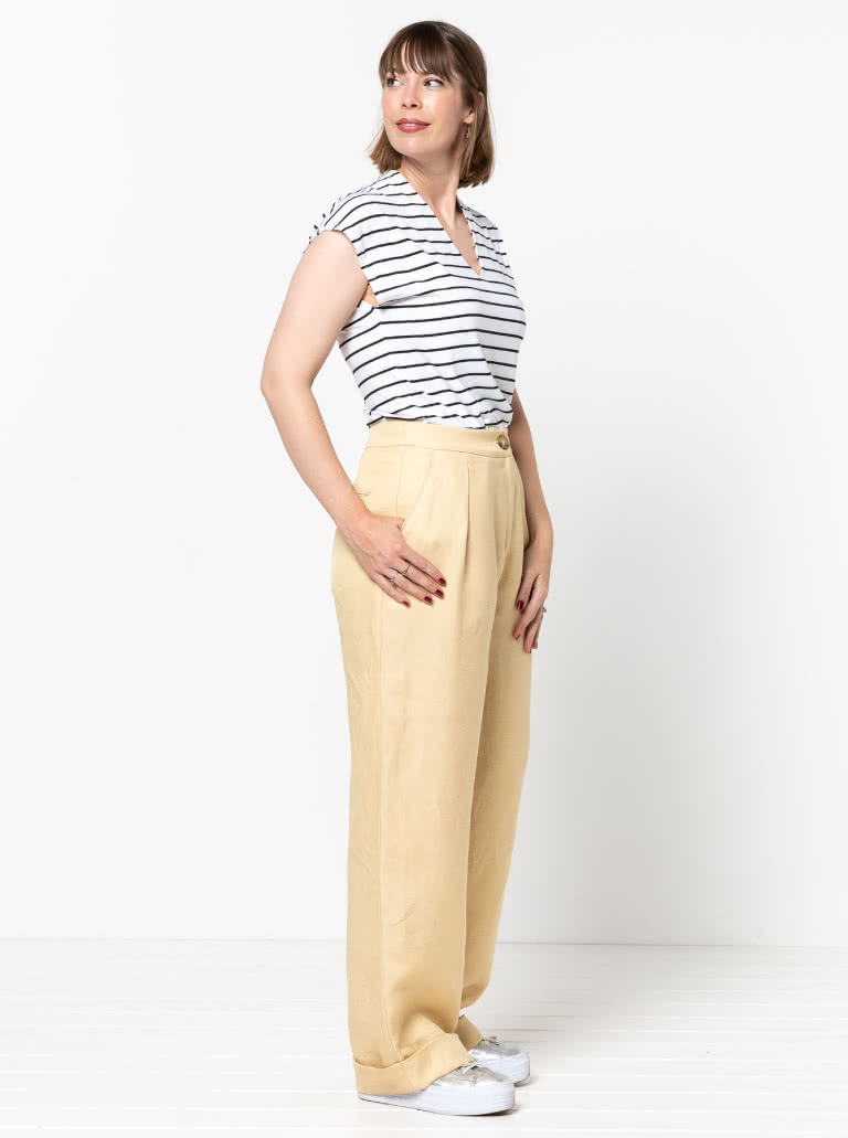 Spencer Woven Pant By Style Arc - Classic wide leg cuffed pant with a shaped waistband, fly zip and pockets.