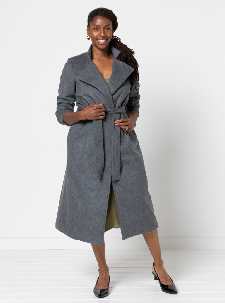 Stella Coat By Style Arc - Mid length fully lined wrap coat with long sleeves and tie belt.
