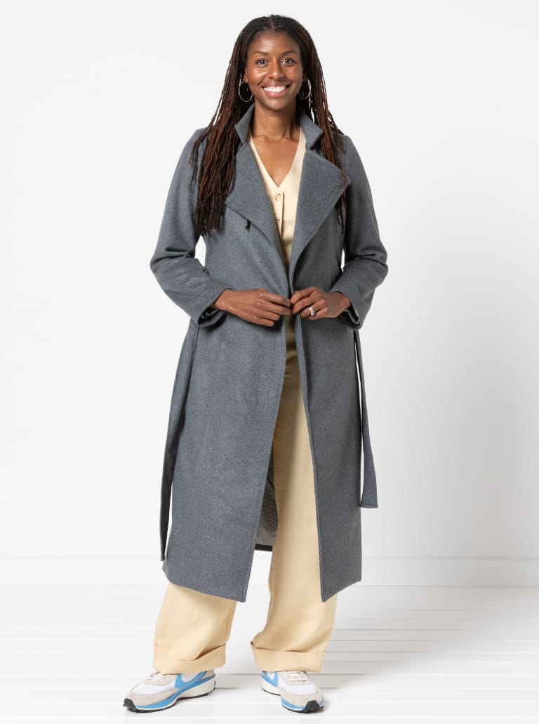 Stella Coat By Style Arc - Mid length fully lined wrap coat with long sleeves and tie belt.