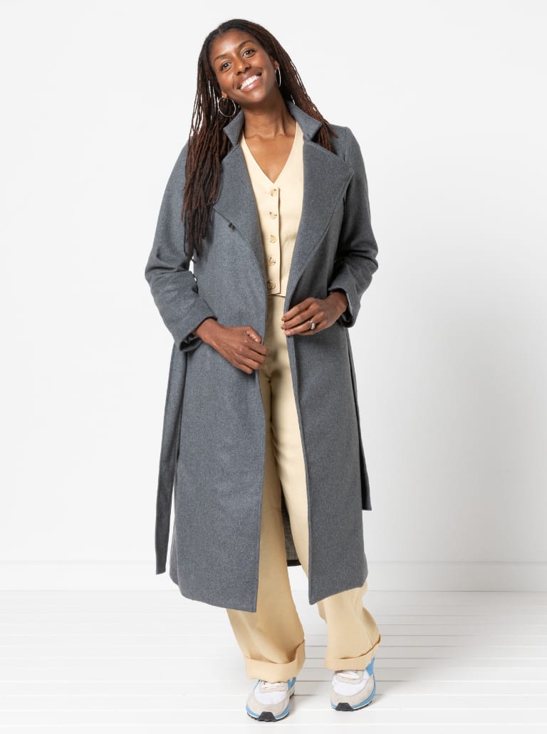 Stella Coat By Style Arc - Mid length fully lined wrap coat with long sleeves and tie belt.