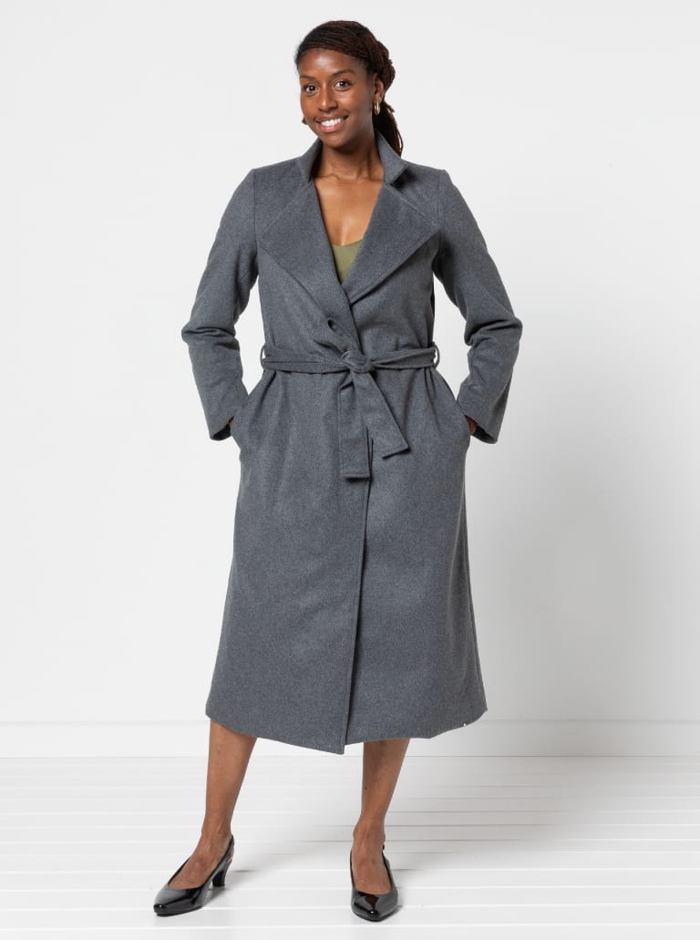 Stella Coat By Style Arc - Mid length fully lined wrap coat with long sleeves and tie belt.