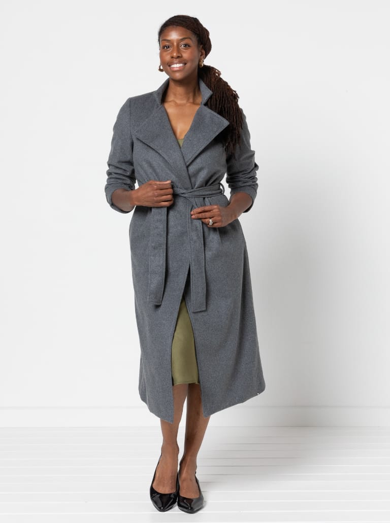 Stella Coat By Style Arc - Mid length fully lined wrap coat with long sleeves and tie belt.