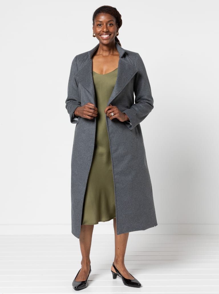 Stella Coat By Style Arc - Mid length fully lined wrap coat with long sleeves and tie belt.