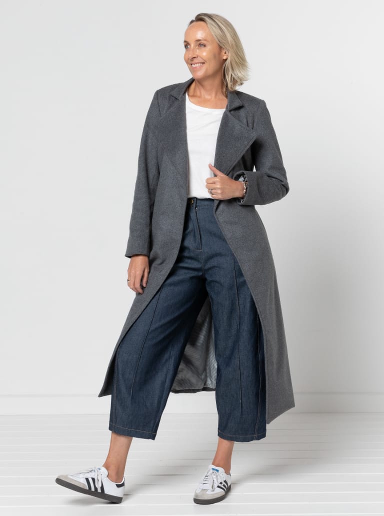 Stella Coat By Style Arc - Mid length fully lined wrap coat with long sleeves and tie belt.