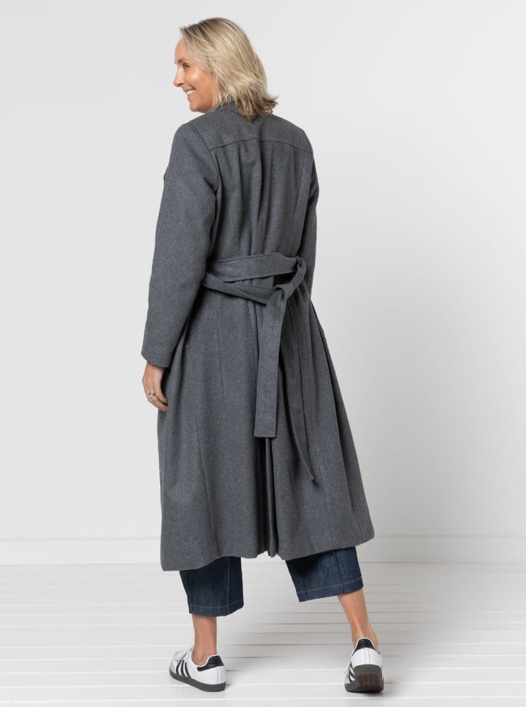 Stella Coat By Style Arc - Mid length fully lined wrap coat with long sleeves and tie belt.