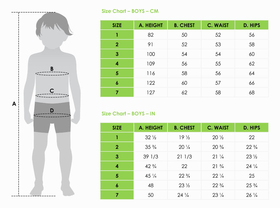 Boys 8-20 Size Chart