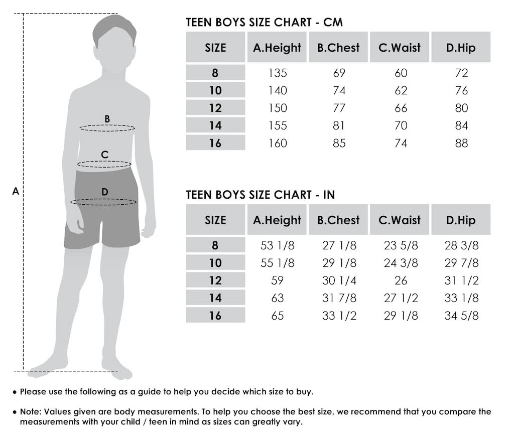 size chart kids cm