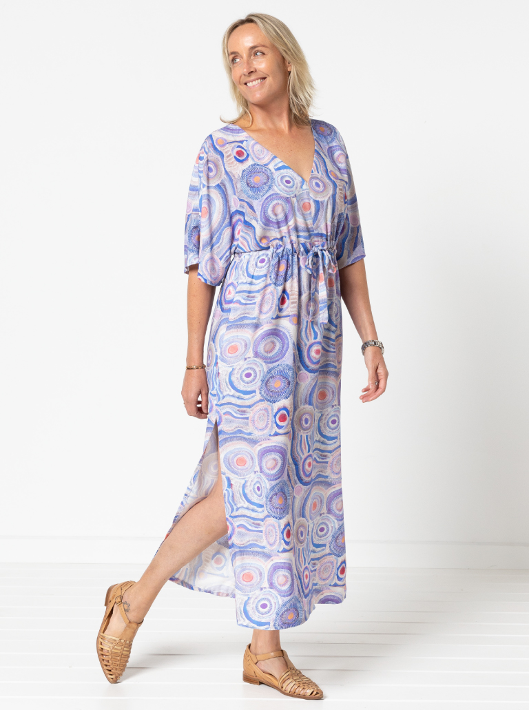 Summer Cover Up By Style Arc - Dress with a "V" neck, wide sleeves, drawstring under bust and includes a short or long skirt.