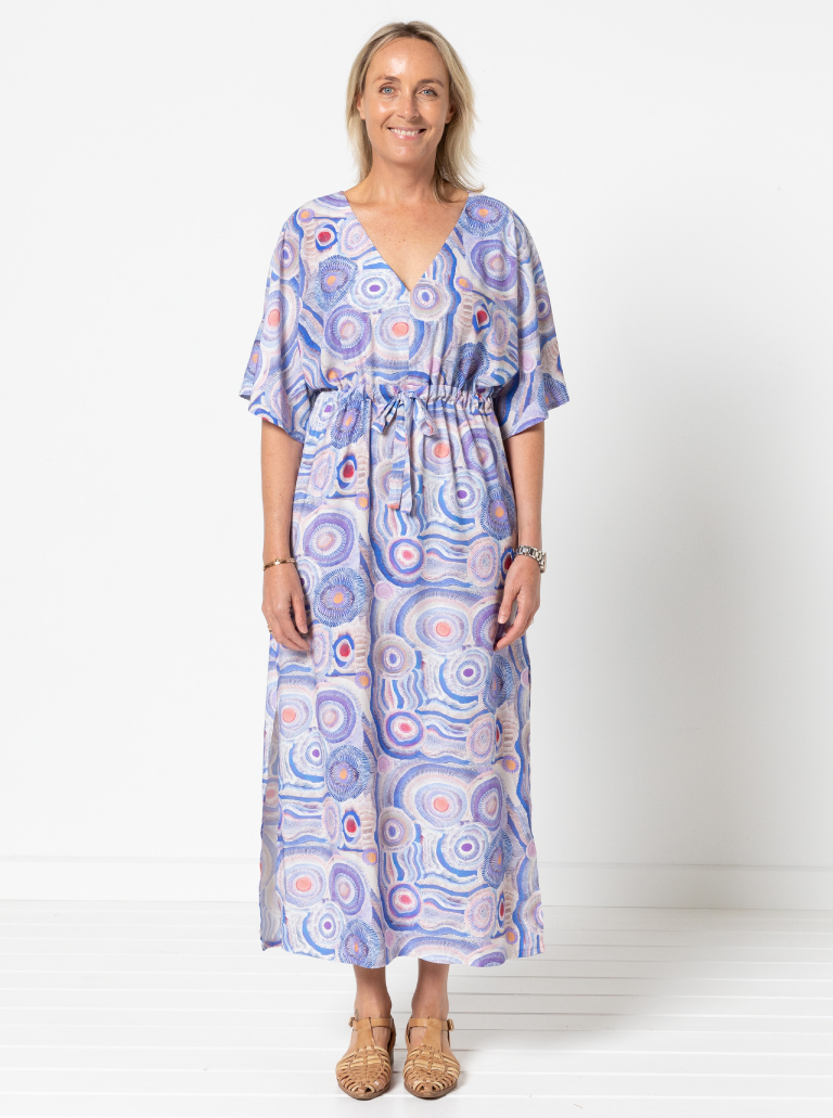 Summer Cover Up By Style Arc - Dress with a "V" neck, wide sleeves, drawstring under bust and includes a short or long skirt.