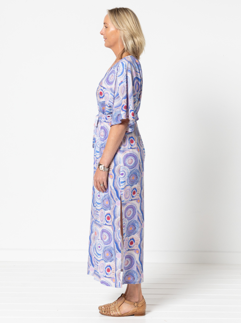 Summer Cover Up By Style Arc - Dress with a "V" neck, wide sleeves, drawstring under bust and includes a short or long skirt.