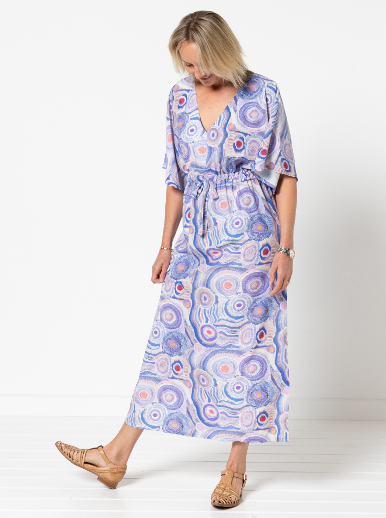 Summer Cover Up By Style Arc - Dress with a "V" neck, wide sleeves, drawstring under bust and includes a short or long skirt.