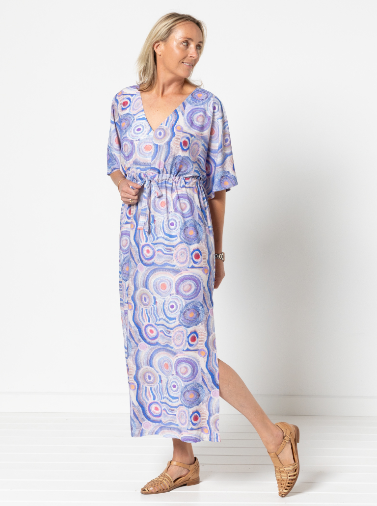 Summer Cover Up By Style Arc - Dress with a "V" neck, wide sleeves, drawstring under bust and includes a short or long skirt.