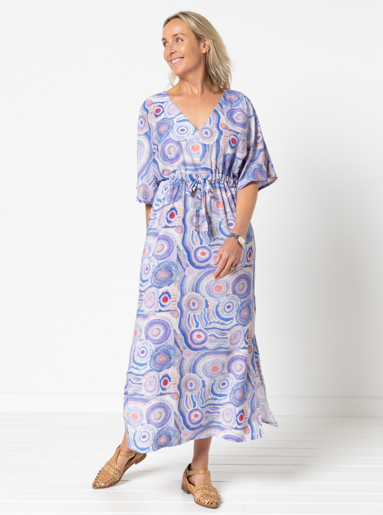 Summer Cover Up By Style Arc - Dress with a "V" neck, wide sleeves, drawstring under bust and includes a short or long skirt.