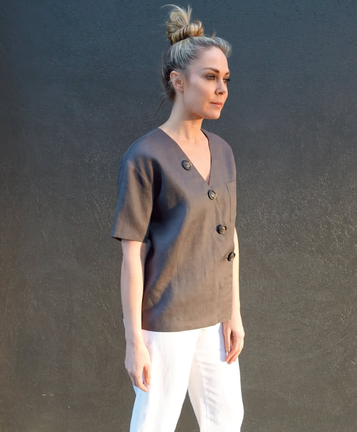 Sutton Woven Top Sewing Pattern By Style Arc - Boxy shaped top with asymmetrical button closure.