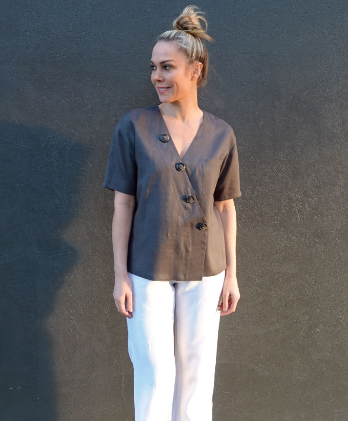 Sutton Woven Top Sewing Pattern By Style Arc - Boxy shaped top with asymmetrical button closure.