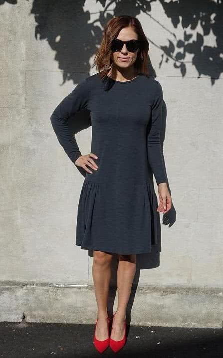 Talulah Knit Dress Sewing Pattern By Style Arc - Simple knit dress sewing pattern with long sleeves and side gathers.