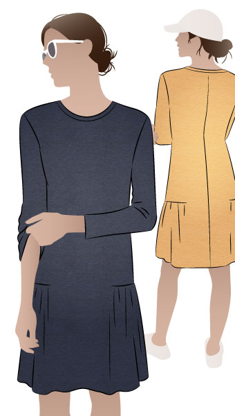Talulah Knit Dress By Style Arc - Simple knit dress sewing pattern with long sleeves and side gathers.