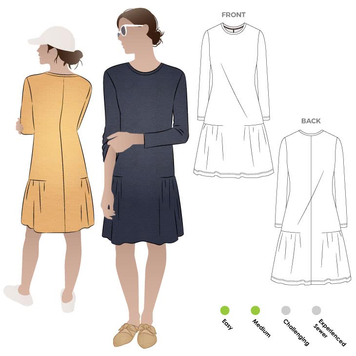 Talulah Knit Dress Sewing Pattern By Style Arc - Simple knit dress sewing pattern with long sleeves and side gathers.