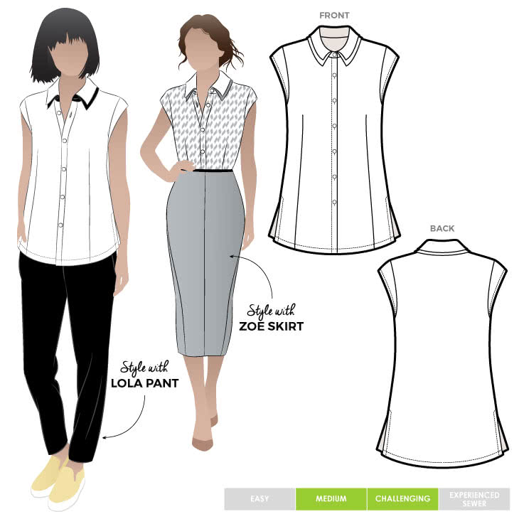 Tara Top Sewing Pattern By Style Arc - Interesting double collar shirt with a sleeve band