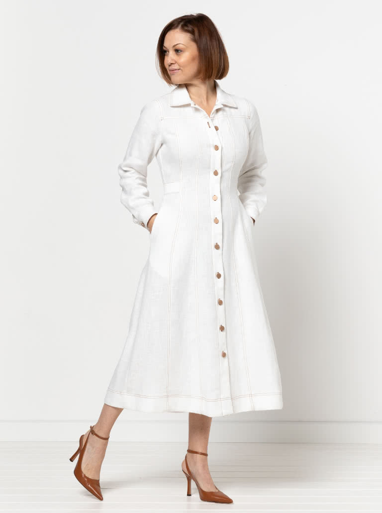 Tatum Woven Dress By Style Arc - Panelled button through waisted A-line fitted shirt dress with long sleeves and collar.