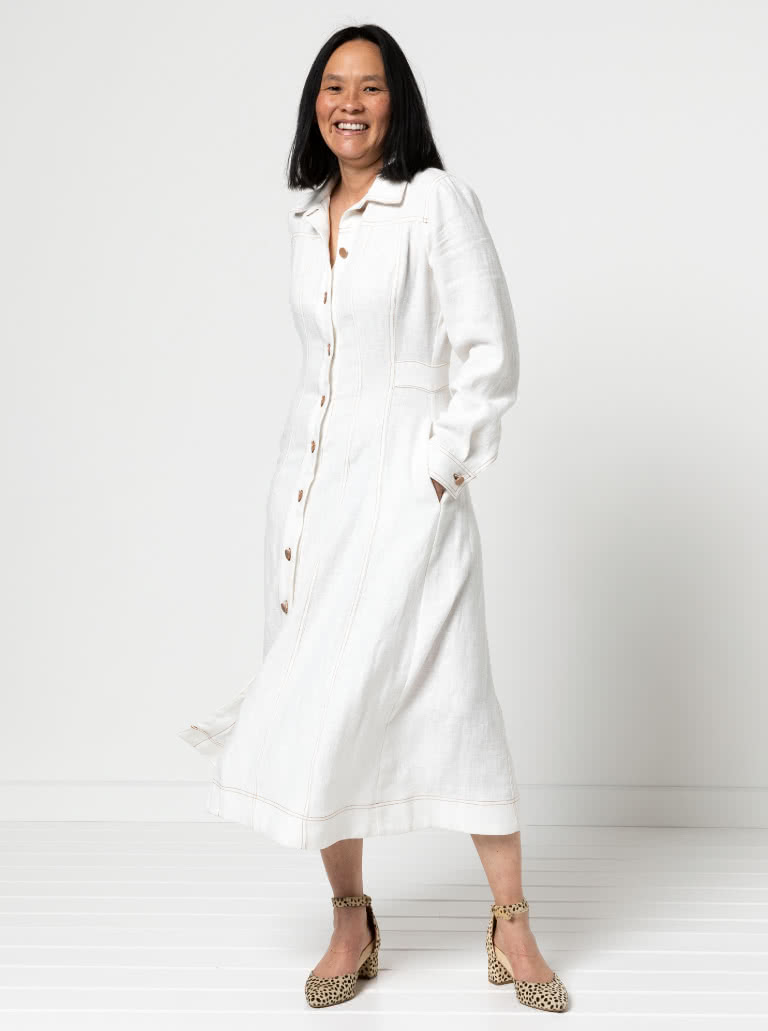 Tatum Woven Dress By Style Arc - Panelled button through waisted A-line fitted shirt dress with long sleeves and collar.