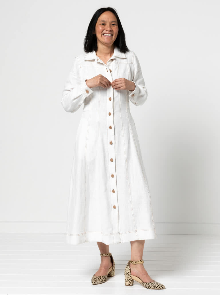 Tatum Woven Dress By Style Arc - Panelled button through waisted A-line fitted shirt dress with long sleeves and collar.