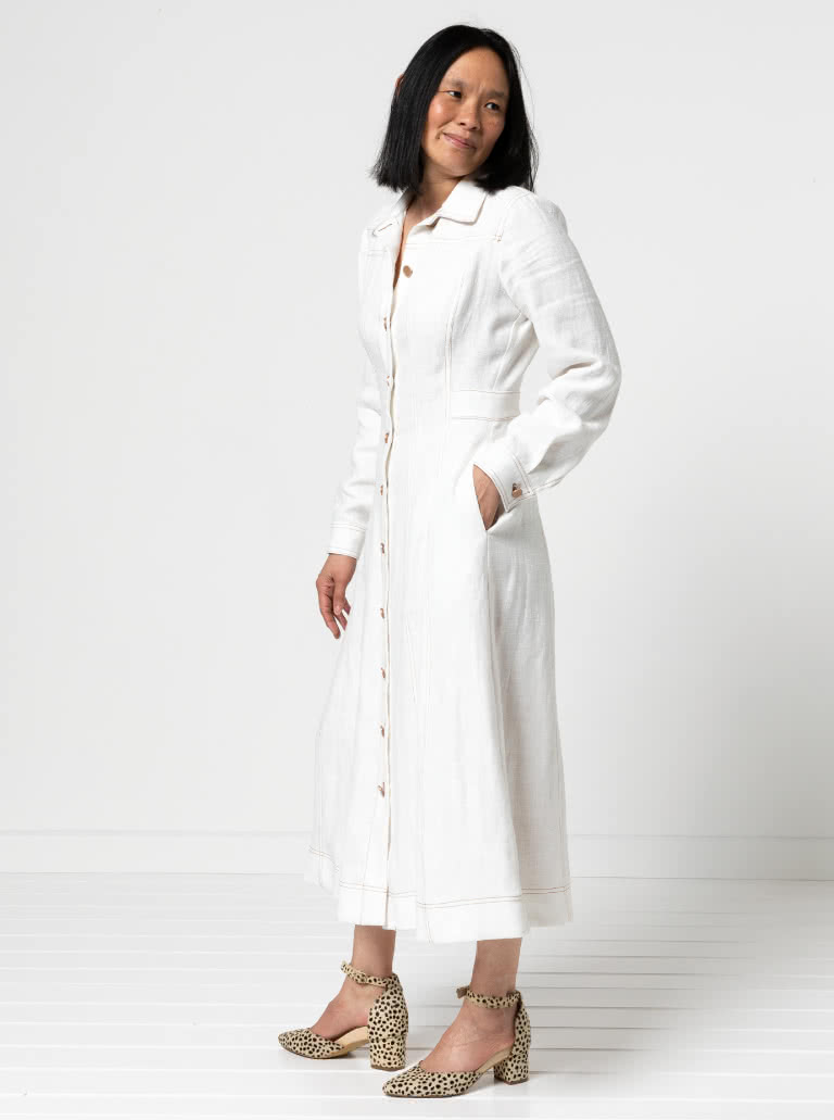 Tatum Woven Dress By Style Arc - Panelled button through waisted A-line fitted shirt dress with long sleeves and collar.