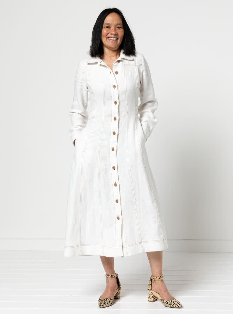 Tatum Woven Dress By Style Arc - Panelled button through waisted A-line fitted shirt dress with long sleeves and collar.